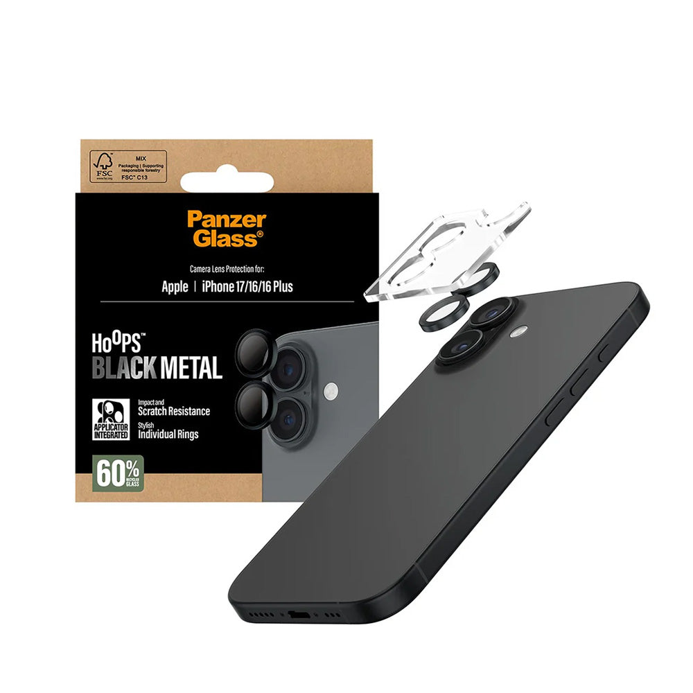 Bakre kamera beskyttelsesfilm PanzerGlass Hoops for Apple iPhone 17 / 16 Plus / 16, Herdet glass, Svart