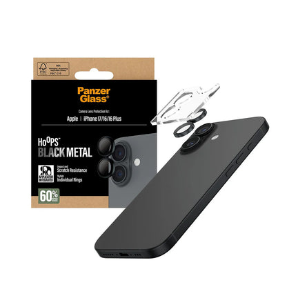 Bakre kamera beskyttelsesfilm PanzerGlass Hoops for Apple iPhone 17 / 16 Plus / 16, Herdet glass, Svart
