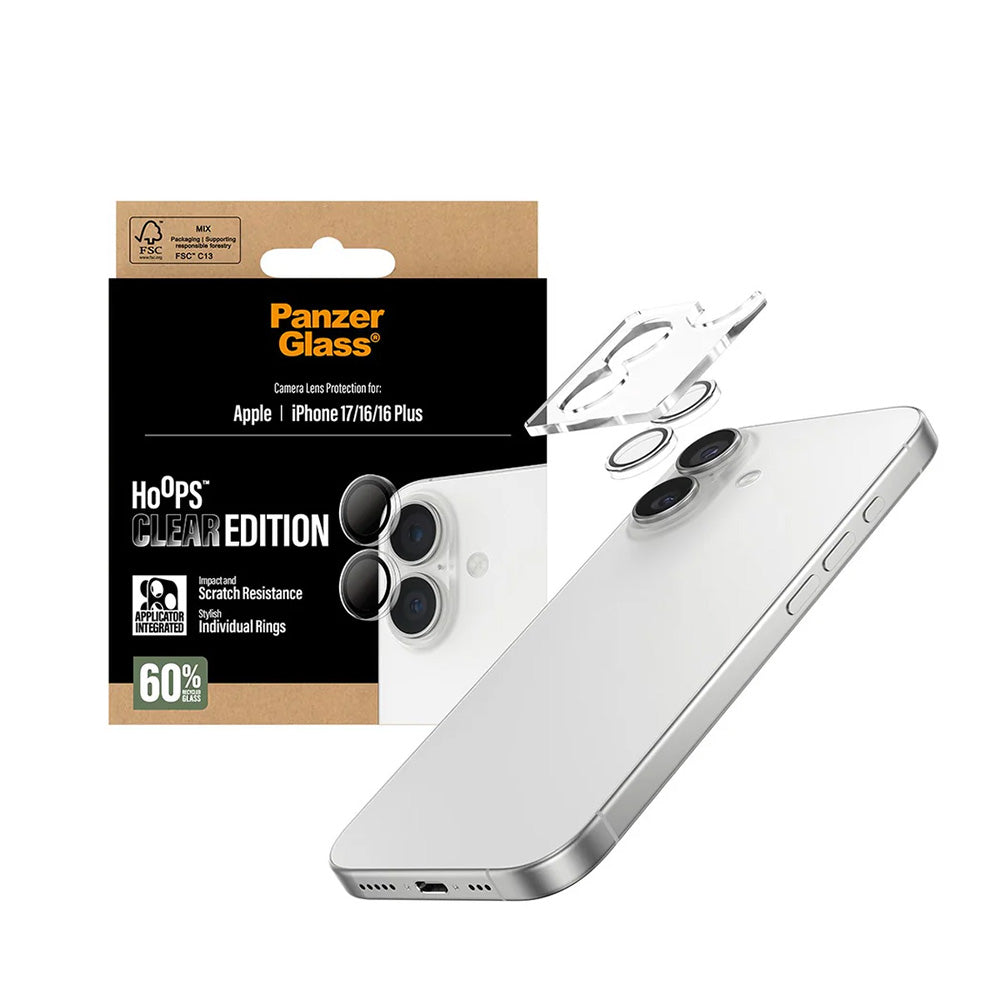 Bakre kamera beskyttelsesfilm PanzerGlass Hoops for Apple iPhone 17 / 16 Plus / 16, Herdet glass, Gjennomsiktig