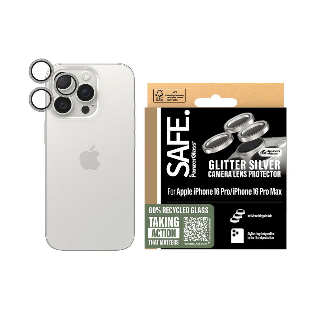 Bakre kamera beskyttelsesfilm PanzerGlass Safe. Glitter for Apple iPhone 16 Pro Max / 16 Pro, Herdet glass, Sølv