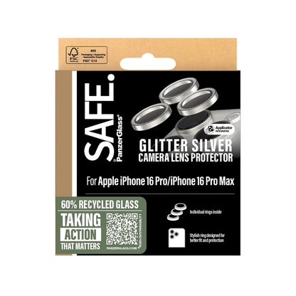 Bakre kamera beskyttelsesfilm PanzerGlass Safe. Glitter for Apple iPhone 16 Pro Max / 16 Pro, Herdet glass, Sølv