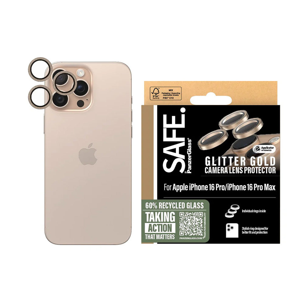 Bakre kamera beskyttelsesfilm PanzerGlass Safe. Glitter for Apple iPhone 16 Pro Max / 16 Pro, Herdet glass, Gull