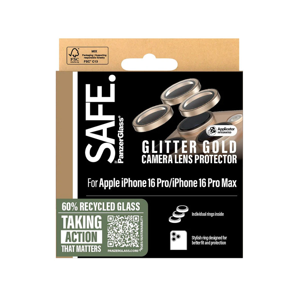 Bakre kamera beskyttelsesfilm PanzerGlass Safe. Glitter for Apple iPhone 16 Pro Max / 16 Pro, Herdet glass, Gull