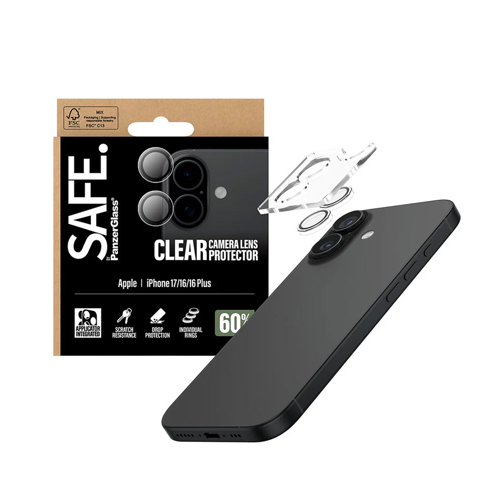 Beskyttelsesfolie for bakre kamera PanzerGlass Safe. for Apple iPhone 17 / 16 Plus / 16, Herdet glass, Gjennomsiktig