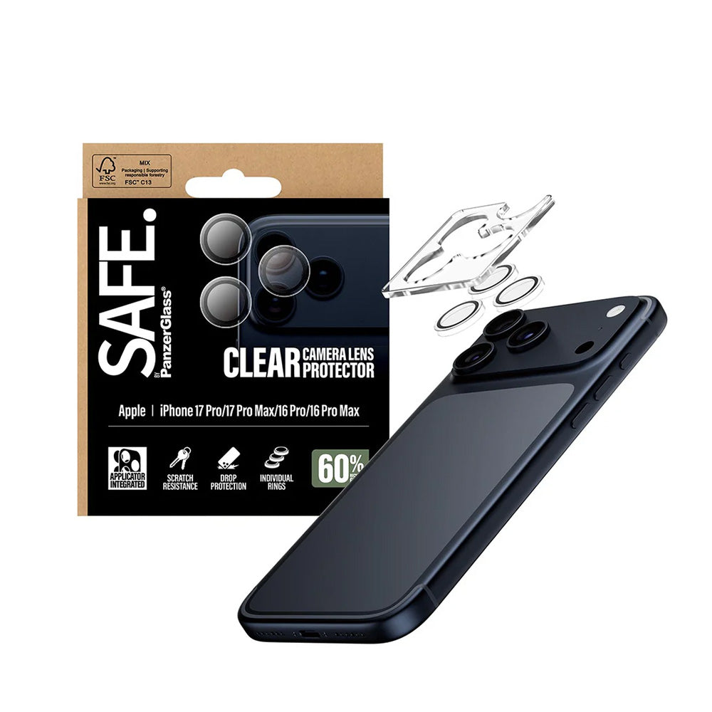 Bakre kamera beskyttelsesfilm PanzerGlass Safe. for Apple iPhone 17 Pro Max / 17 Pro / 16 Pro Max / 16 Pro, Herdet glass, Gjennomsiktig.