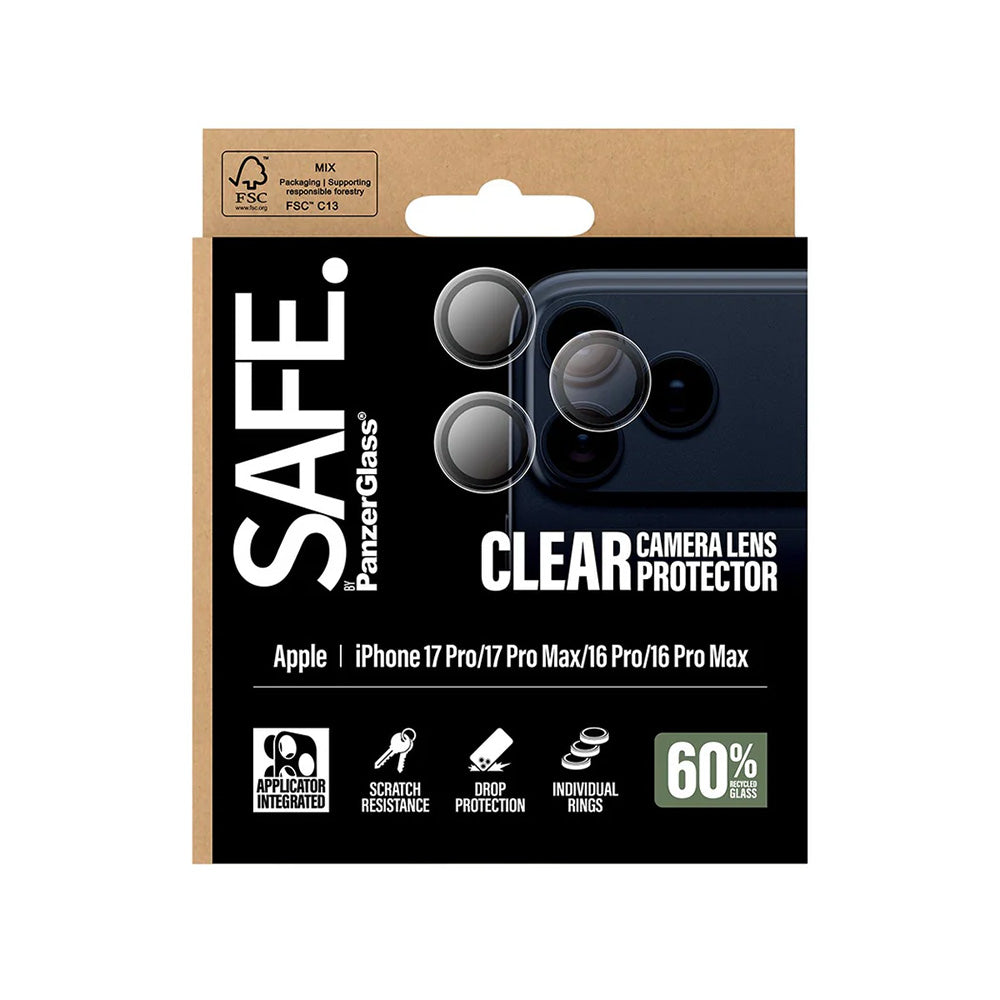 Bakre kamera beskyttelsesfilm PanzerGlass Safe. for Apple iPhone 17 Pro Max / 17 Pro / 16 Pro Max / 16 Pro, Herdet glass, Gjennomsiktig.