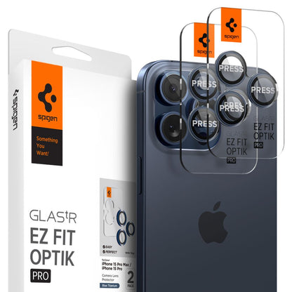 Bakre kamerabeskyttelsesfolie Spigen GlastR EZ FIT Optik Pro for Apple iPhone 16 Pro Max / 16 Pro, Herdet glass, Sett med 2 stykker, Blå