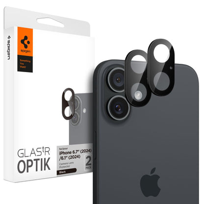 Beskyttelsesfolie for bakre kamera Spigen GlastR Optik for Apple iPhone 16 Plus / 16, Herdet glass, Sett med 2 stykker, Svart AGL07922