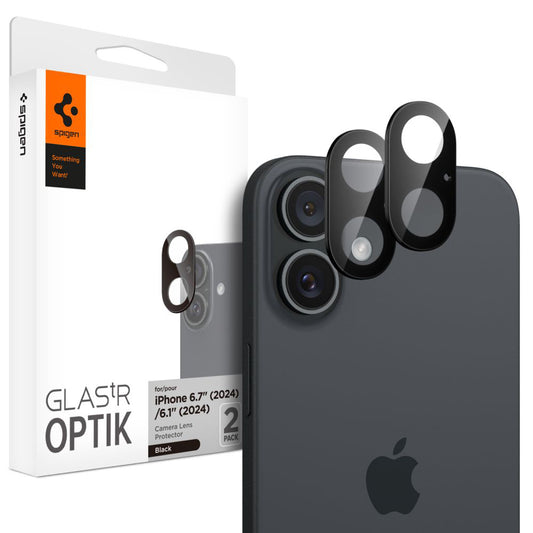Beskyttelsesfolie for bakre kamera Spigen GlastR Optik for Apple iPhone 16 Plus / 16, Herdet glass, Sett med 2 stykker, Svart AGL07922