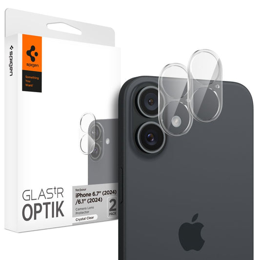 Beskyttelsesfilm for bakre kamera Spigen GlastR Optik for Apple iPhone 16 Plus / 16, Herdet glass, Sett med 2 stk, Transparent AGL07923