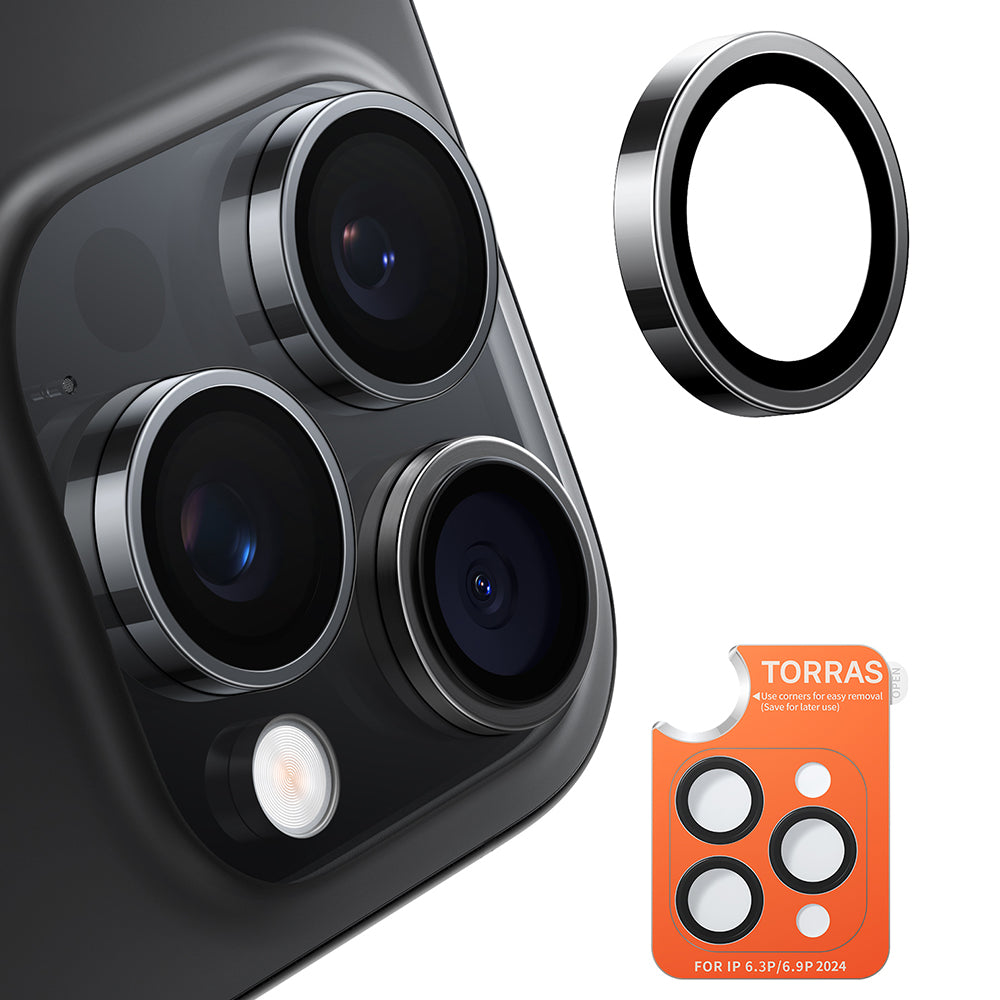 Torras Lensguard bakkamera beskyttelsesfilm for Apple iPhone 16 Pro Max / 16 Pro, herdet glass, svart
