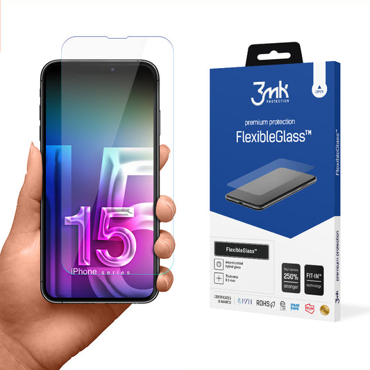 3MK FlexibleGlass skjermbeskyttelse for Apple iPhone 15 Pro, fleksibelt glass, full lim