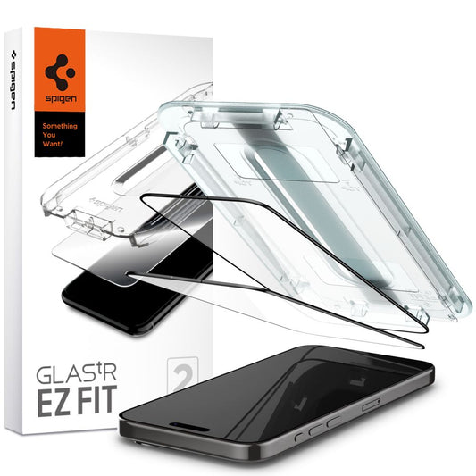Skjermbeskytter Spigen GlastR EZ FIT for Apple iPhone 15 Pro, Herdet glass, Full lim, Sett med 2 stykker, Svart AGL06893
