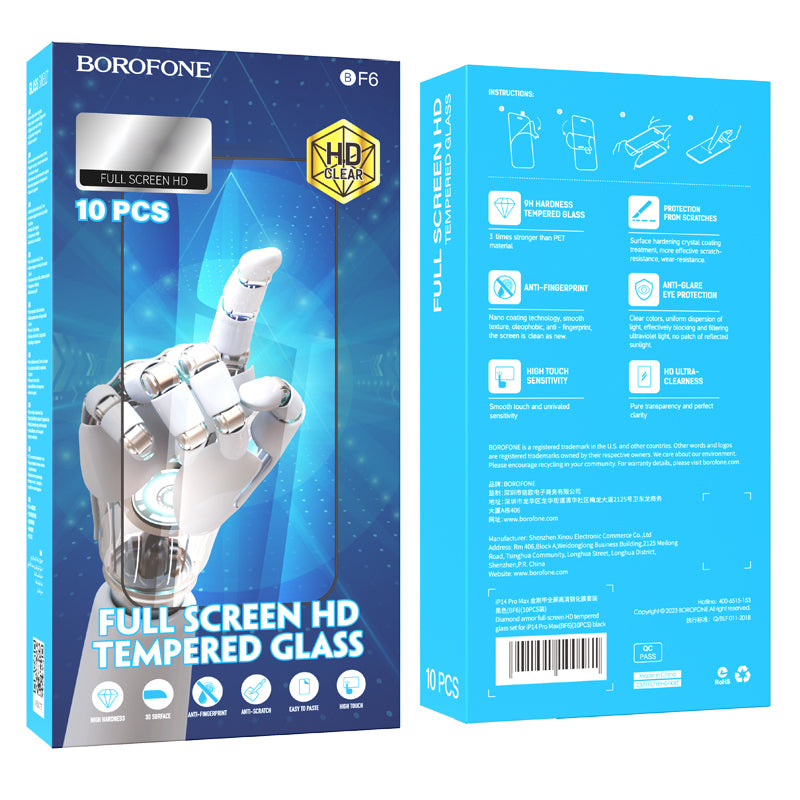 Skjermbeskytter Borofone BF6 Diamond Armor for Apple iPhone 16e / 14 / 13 Pro / 13, Herdet glass, Full lim, Sett med 10 stykker, Svart