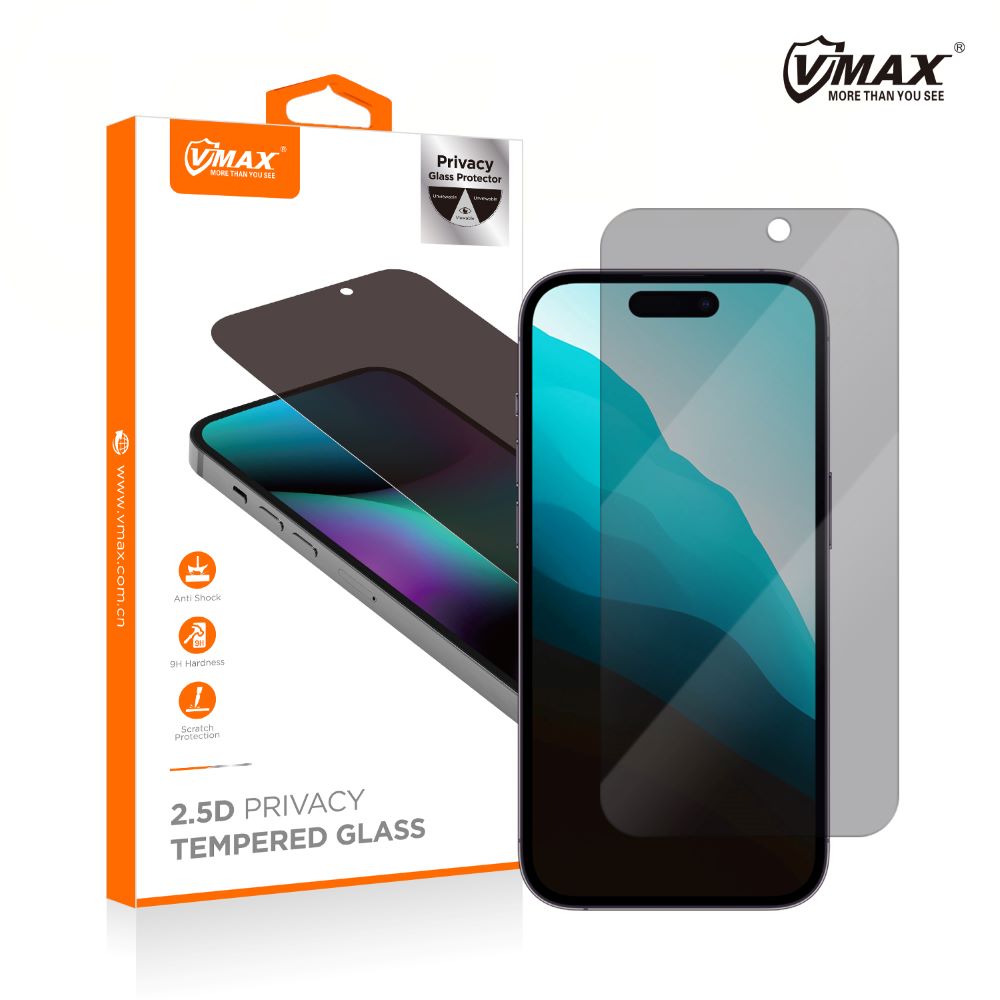 Privacy Vmax skjermbeskyttelse for Apple iPhone 16 Pro Max, Herdet glass, Full lim, 2.5D