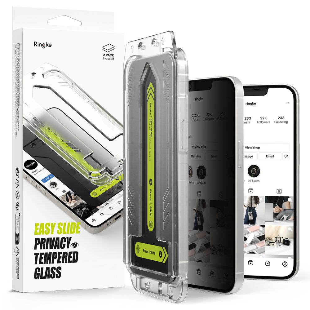 Skjermbeskyttelsesfolie Privacy Ringke Easy Slide for Apple iPhone 16e / 14 / 13 Pro / 13, Herdet glass, Full lim, Sett med 2 stykker