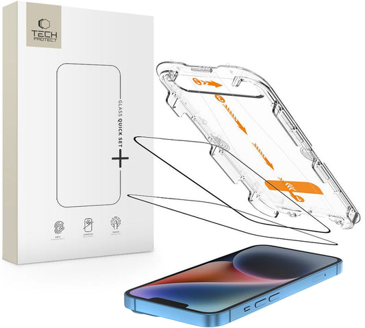 Skjermbeskytter Tech-Protect Quick Set+ for Apple iPhone 17e / 16e / 14 / 13 Pro, Herdet Glass, Full Lim, Sett med 2 stykker, Svart