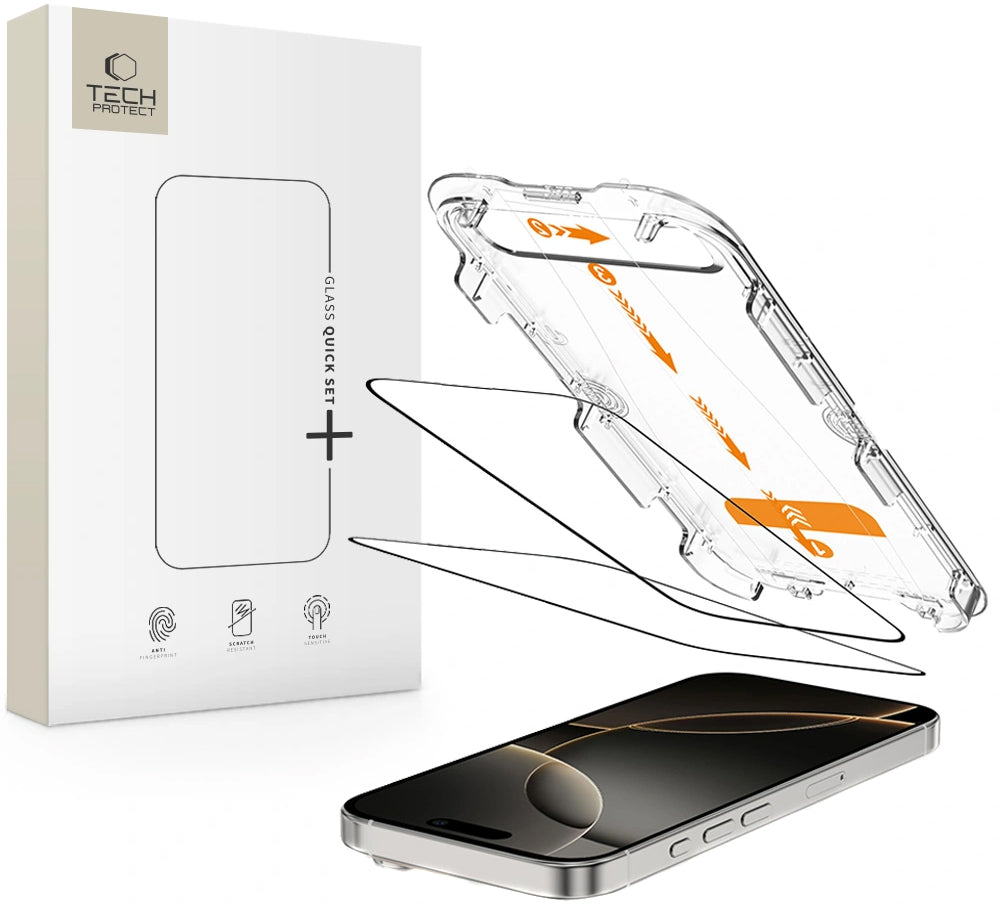 Skjermbeskytter Tech-Protect Quick Set+ for Apple iPhone 16 Pro, Herdet Glass, Full Lim, Sett med 2 stykker, Svart