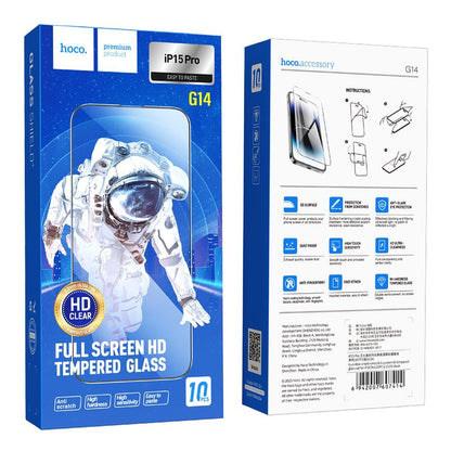 Skjermbeskytter HOCO G14 for Apple iPhone 15 Pro, Herdet glass, Full lim, Sett med 10 stykker, 5D, Svart