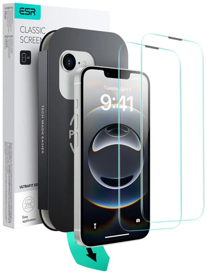 Skjermbeskytter ESR Ultrafit for Apple iPhone 17e / 16e / 14 / 13 Pro, Herdet glass, Full lim, Sett med 2 stykker