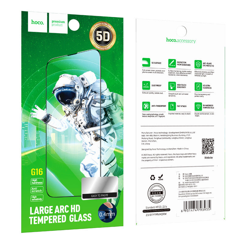 Skjermbeskytter HOCO G16 for Apple iPhone 15 Plus, Herdet Glass, Full Lim, 5D, Svart