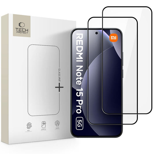 Skjermbeskytter Tech-Protect FIT+ for Xiaomi Redmi Note 15 Pro 5G, Herdet glass, Full lim, Sett med 2 stykker, 2.5D, Svart