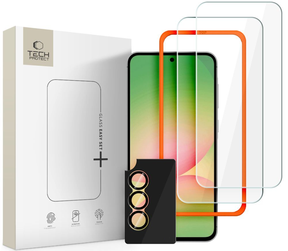Beskyttelsesfolie for skjerm og bakre kamera Tech-Protect Quick Set+ for Samsung Galaxy A57 5G, Herdet glass, Full lim, Sett med 3 stykker