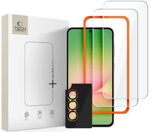 Beskyttelsesfolie for skjerm og bakre kamera Tech-Protect Quick Set+ for Samsung Galaxy A57 5G, Herdet glass, Full lim, Sett med 3 stykker