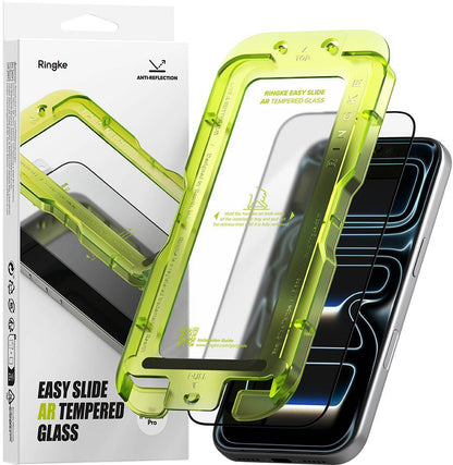 Ringke Easy Slide AR skjermbeskyttelse for Apple iPhone 17 Pro, Herdet glass, Full lim, 2.5D, Svart, Reseglet