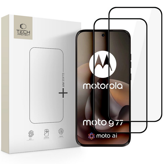 Tech-Protect FIT+ Skjermbeskyttelsesfilm for Motorola Moto G77 / G67, Herdet Glass, Full Lim, Sett med 2 stk, 2.5D, Svart