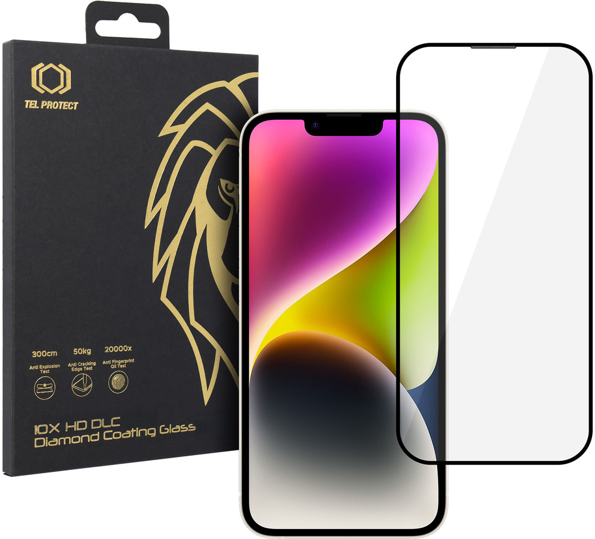 Tel Protect 10X HD DLC Diamond Coating skjermbeskytter for Apple iPhone 17e / 16e / 14 / 13 Pro / 13, herdet glass, heldekkende lim, svart