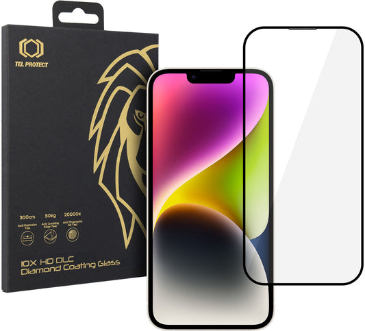 Tel Protect 10X HD DLC Diamond Coating skjermbeskytter for Apple iPhone 17e / 16e / 14 / 13 Pro / 13, herdet glass, heldekkende lim, svart