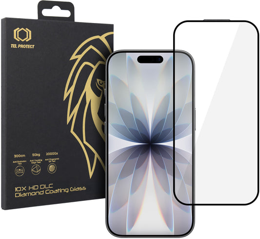 Tel Protect 10X HD DLC Diamond Coating skjermbeskytter for Apple iPhone 17 / 16 Pro, herdet glass, heldekkende lim, svart
