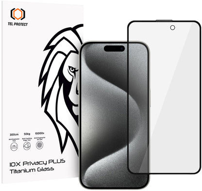 Tel Protect 10X Plus Titanium skjermbeskytter med personvernfilter for Apple iPhone 17 / 16 Pro, herdet glass, heldekkende limflate