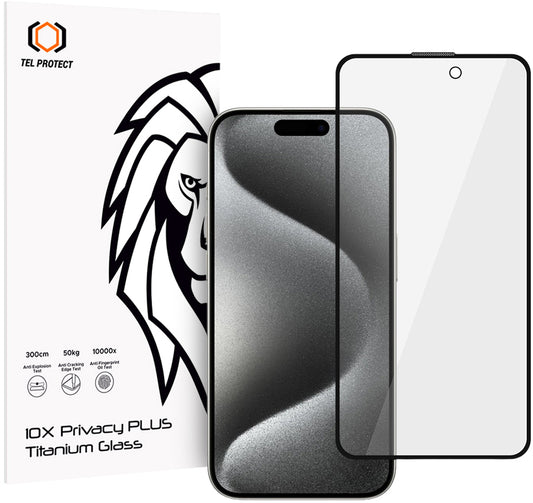 Tel Protect 10X Plus Titanium skjermbeskytter med personvernfilter for Apple iPhone 17 / 16 Pro, herdet glass, heldekkende limflate