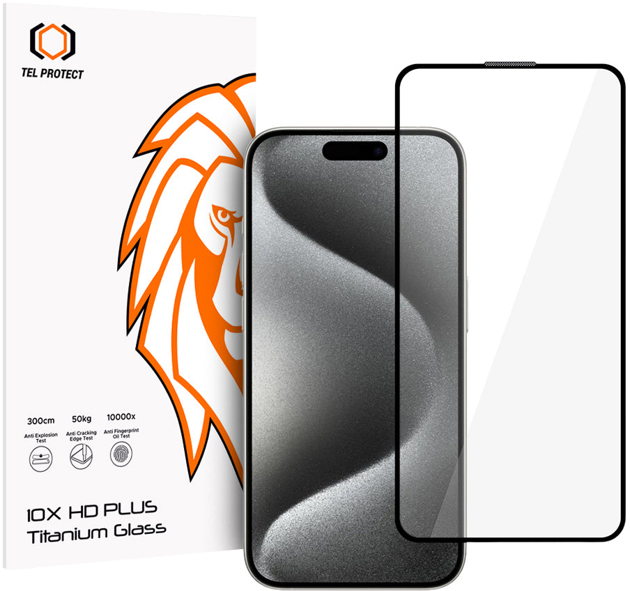 Skjermbeskytter Tel Protect 10X HD Plus Titanium for Apple iPhone 17 / 16 Pro, herdet glass, full limdekning, svart