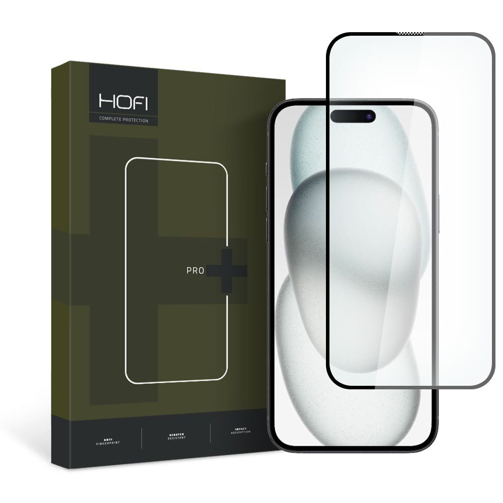 HOFI PRO+ skjermbeskyttelsesfilm for Apple iPhone 15, Herdet glass, Full lim, 2.5D, Svart