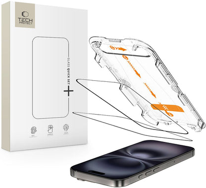 Skjermbeskytter Tech-Protect Quick Set+ for Apple iPhone 16 / 15, Herdet Glass, Full Lim, Sett med 2 stykker, Svart