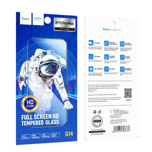 Skjermbeskytter HOCO G14 for Apple iPhone 15 Pro Max, Herdet glass, Full lim, Sett med 10 stykker, 5D, Svart