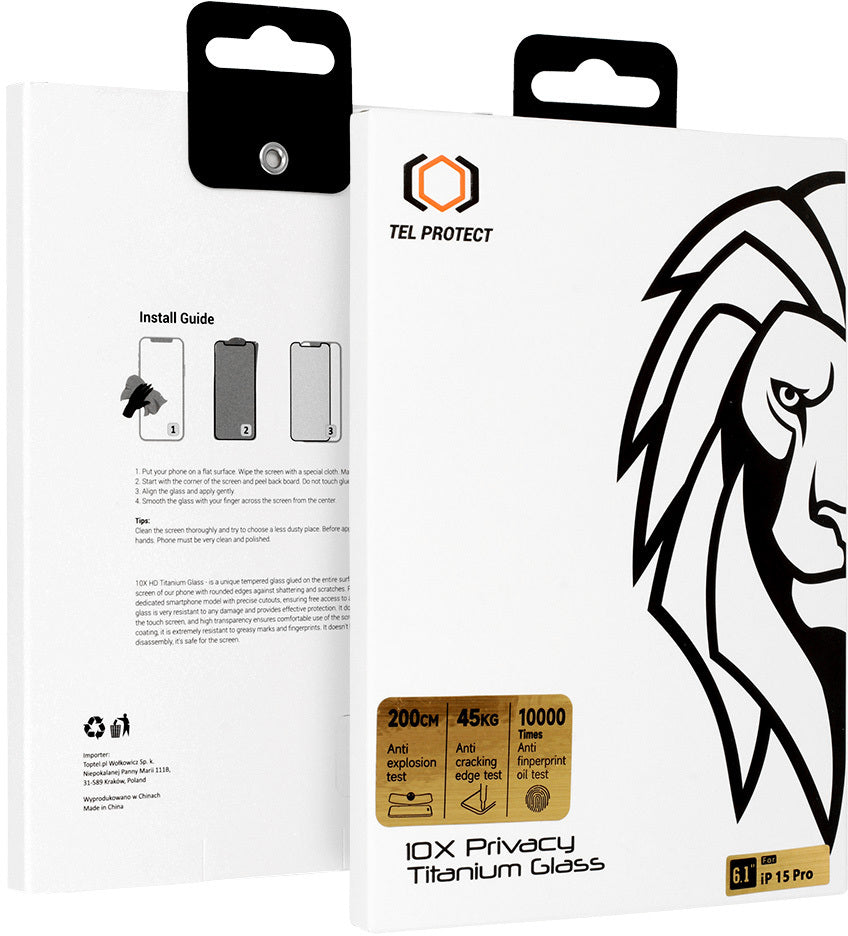 Personvernbeskyttelse for skjerm Tel Protect 10X Plus Titanium til Apple iPhone 17 Pro Max, herdet glass, heldekkende limflate