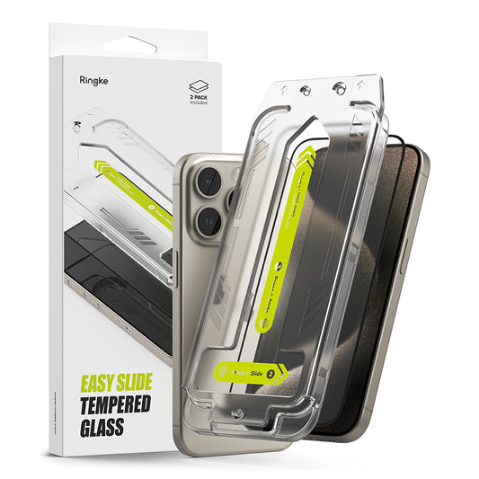 Ringke Easy Slide skjermbeskytter for Apple iPhone 15 Pro, full lim, full lim, sett med 2 stk, svart