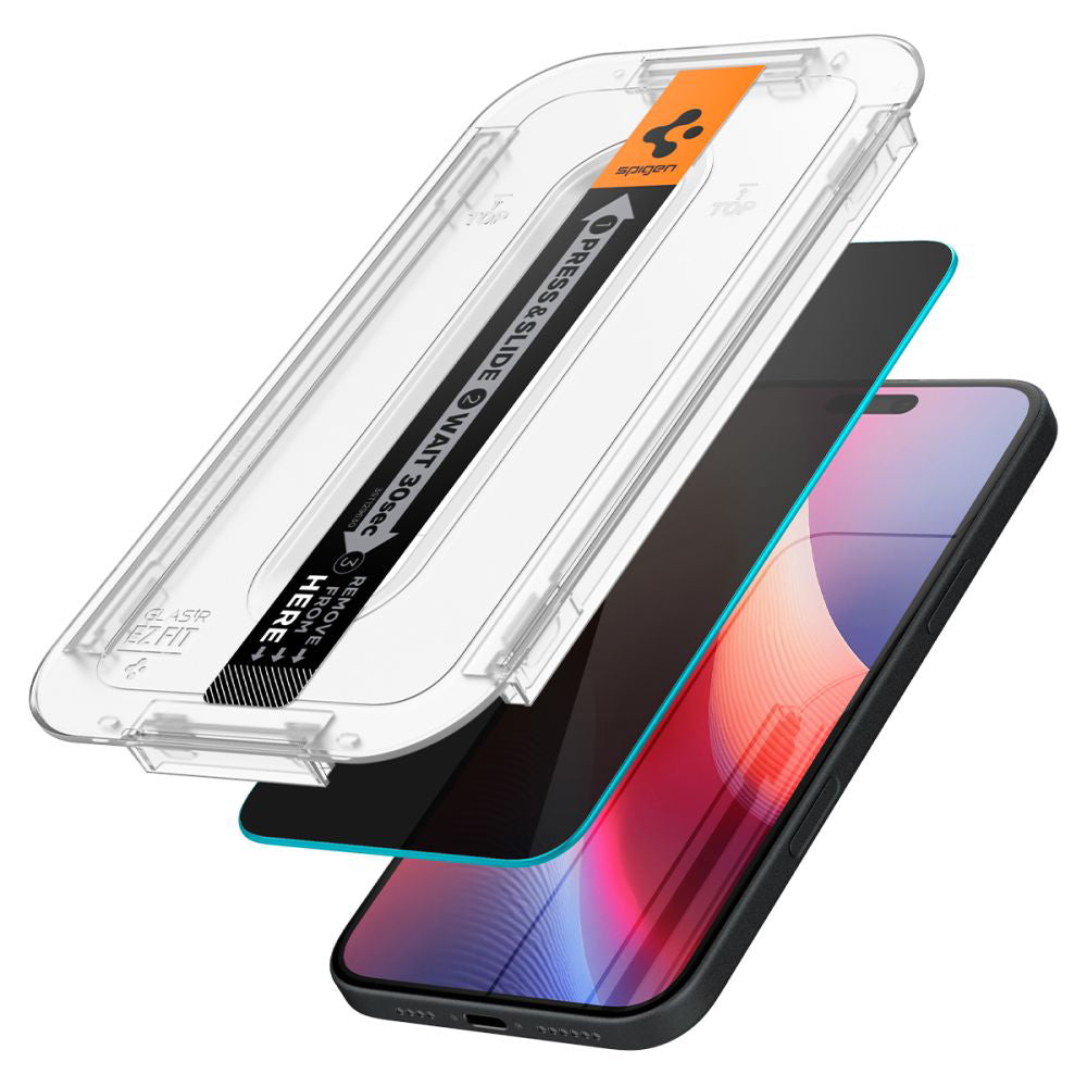 Beskyttelsesfolie for skjerm Privacy Spigen GlastR EZ FIT for Apple iPhone 16 / 15, Herdet glass, Full lim, Sett med 2 stykker AGL06905