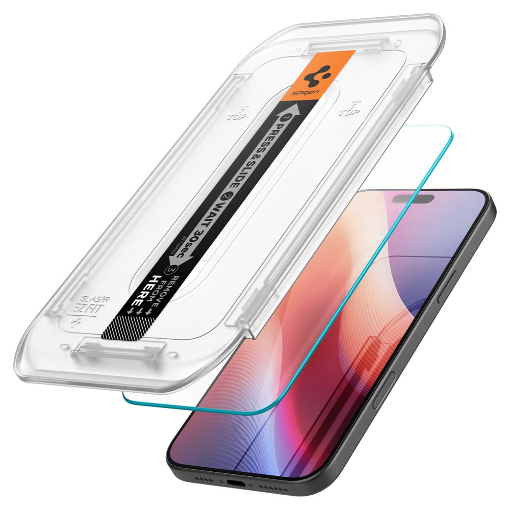 Skjermbeskyttelsesfolie Spigen GlastR EZ FIT for Apple iPhone 17 Pro / 17 / 16 Pro, Herdet glass, Full lim, Sett med 2 stykker