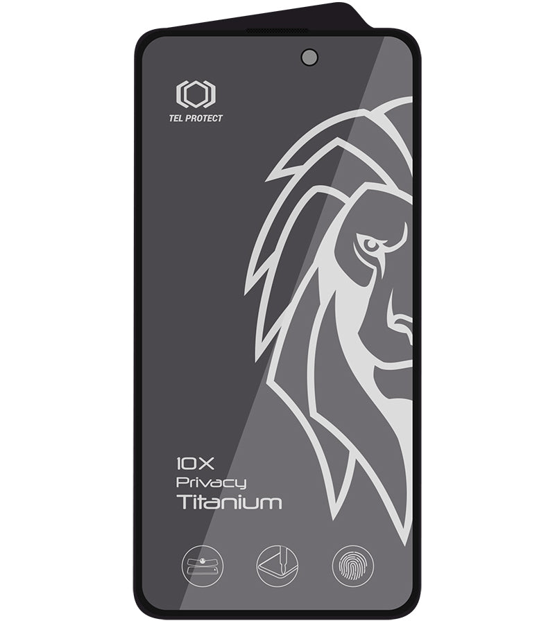 Tel Protect 10X Plus Titanium skjermbeskytter med personvernfilter for Apple iPhone 17 / 16 Pro, herdet glass, heldekkende limflate