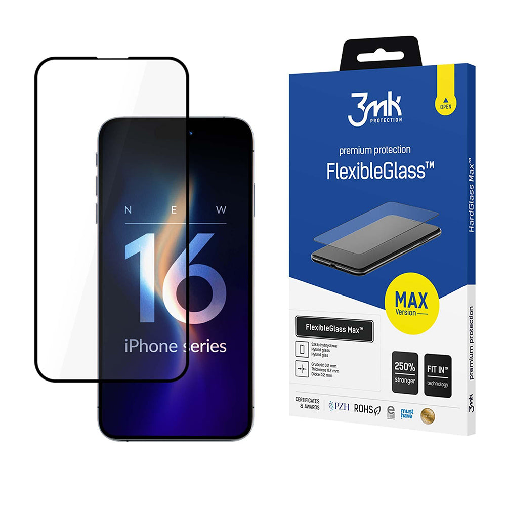 Skjermbeskyttelsesfilm 3MK FlexibleGlass Max for Apple iPhone 16 Pro, Fleksibelt glass, Full lim, Svart