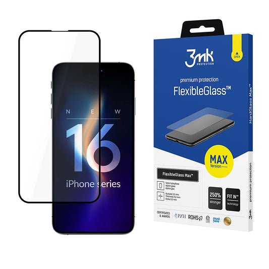 Skjermbeskyttelsesfilm 3MK FlexibleGlass Max for Apple iPhone 16 Pro, Fleksibelt glass, Full lim, Svart