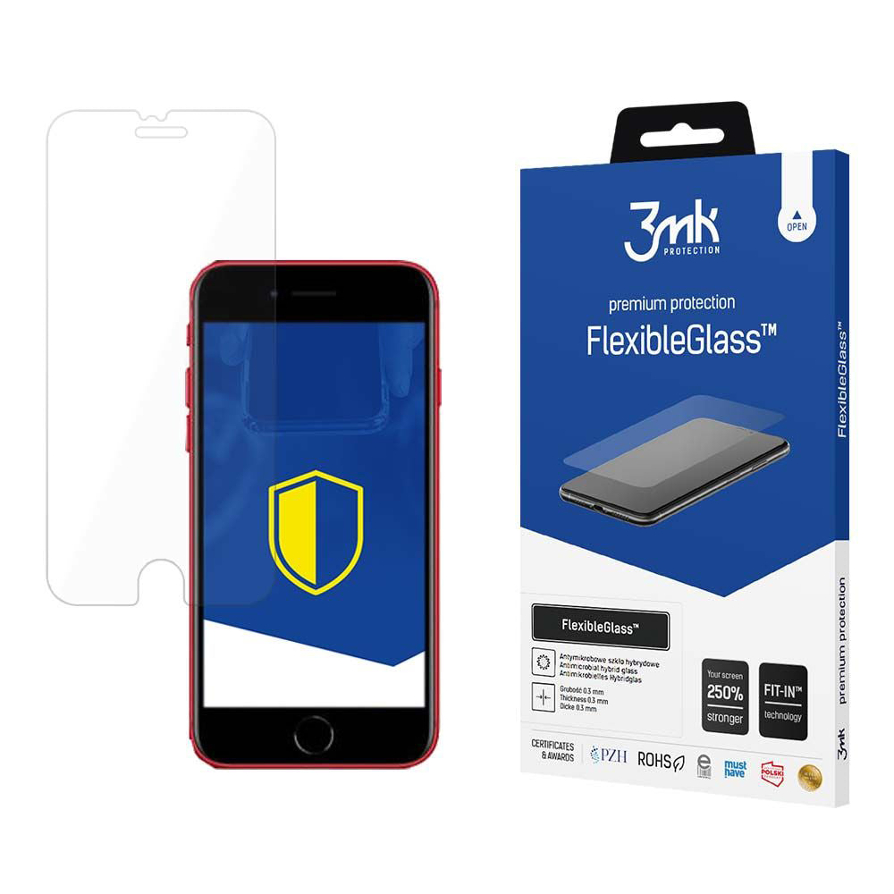 3MK FlexibleGlass skjermbeskyttelse for Apple iPhone SE (2022) / SE (2020) / 8 / 7, fleksibelt glass, full lim