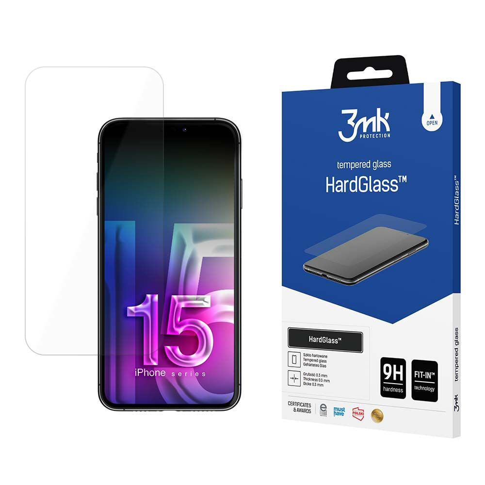 3MK HardGlass skjermbeskyttelse for Apple iPhone 15, Herdet glass, Full lim