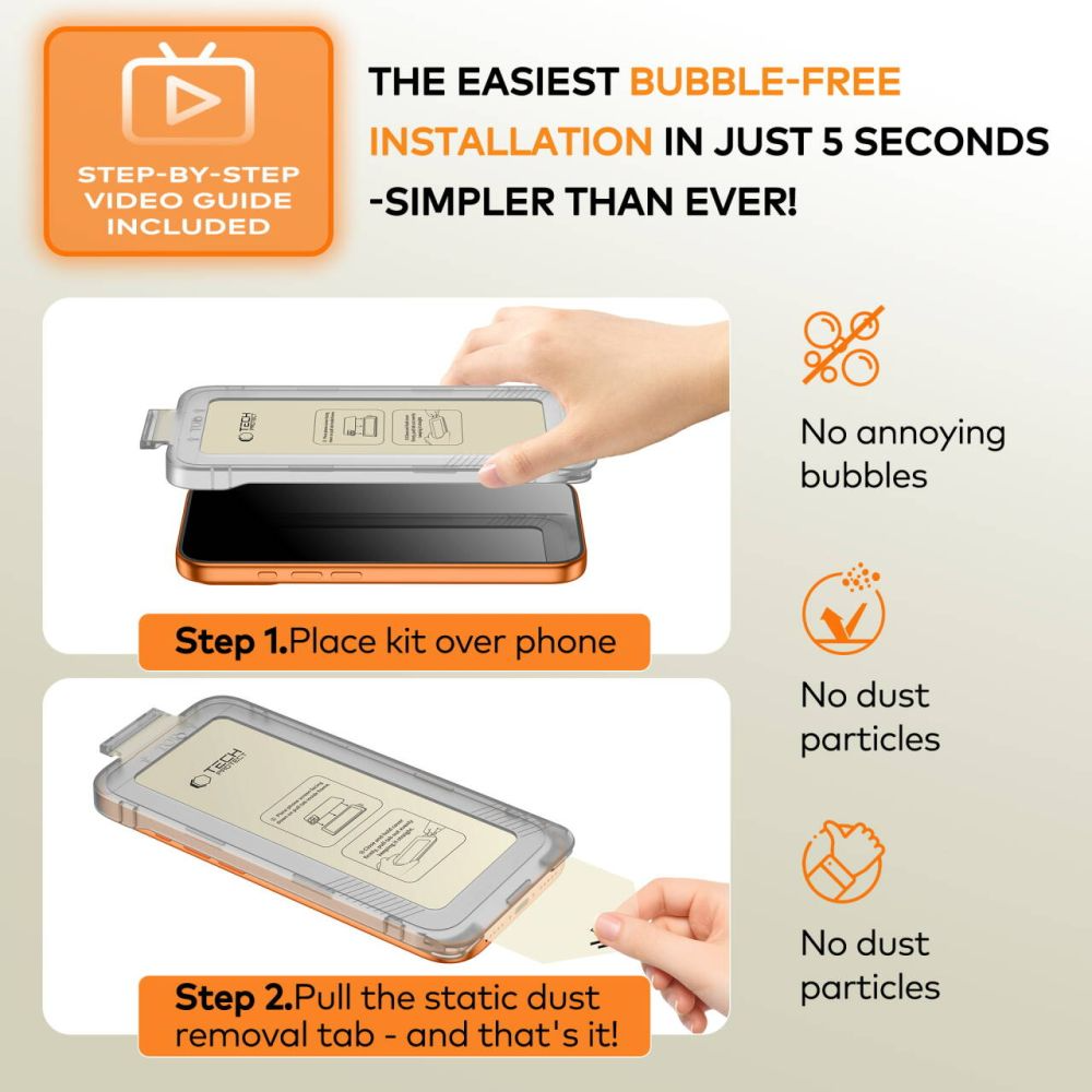 Beskyttelsesfilm for skjerm Tech-Protect Quick Set+ for Apple iPhone 17, Herdet glass, Full lim, Sett med 2 stykker, Svart