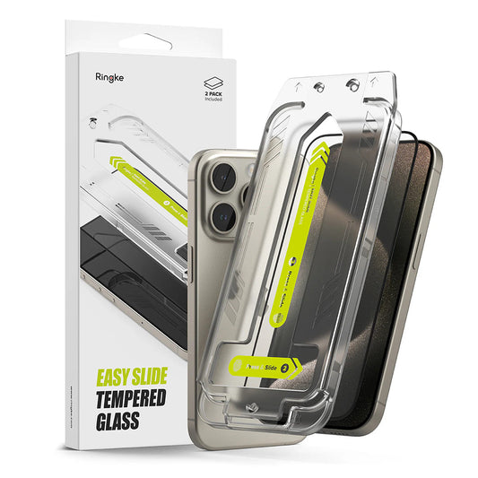 Ringke Easy Slide skjermbeskytter for Apple iPhone 16 Pro, full lim, full lim, sett med 2 stk, svart